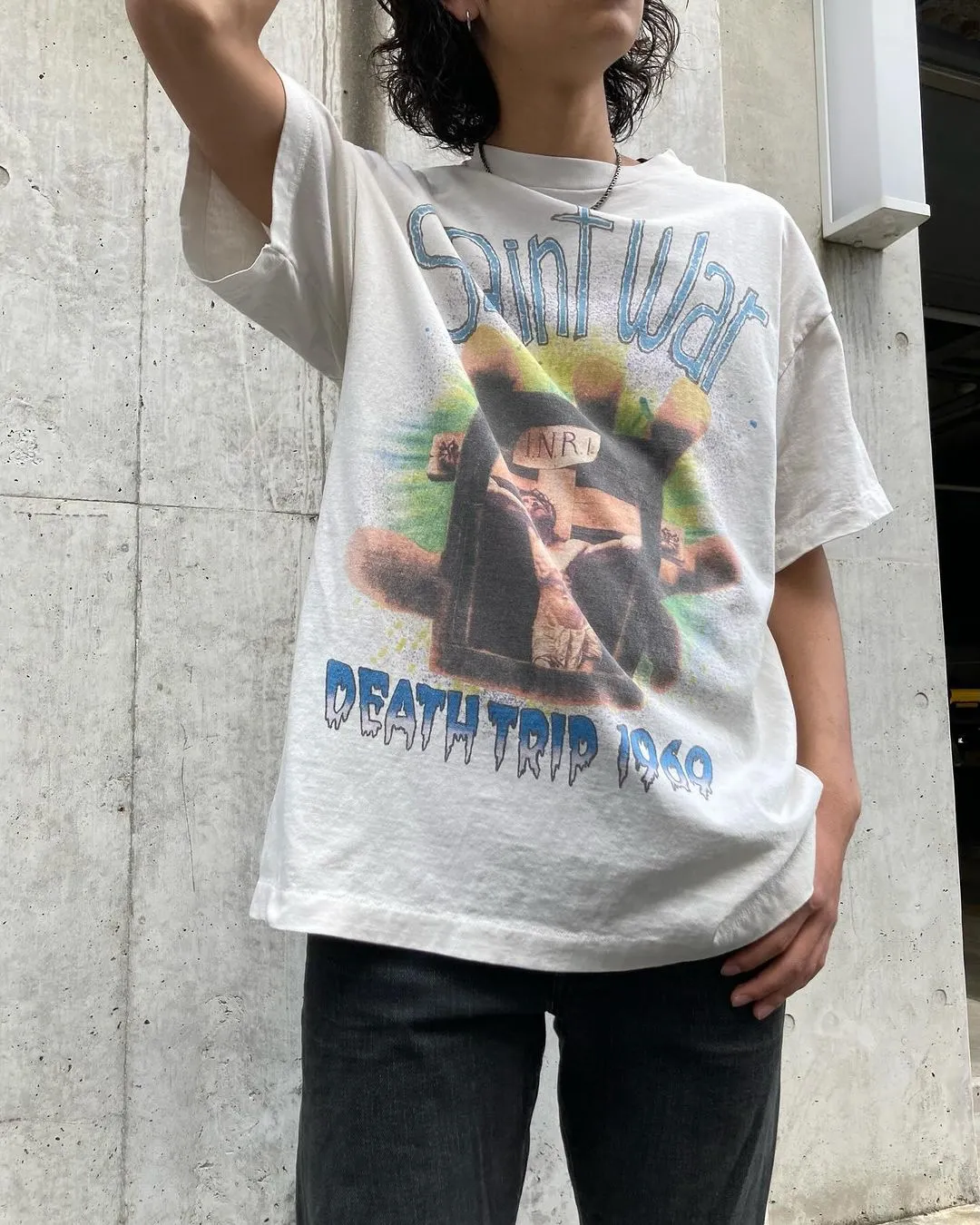 SAINT MICHAEL SAINT WAR TEE/WHAT new style Jesus cross retro short-sleeved, off-white S-XL, ready-to-wear, washed and distressed, printed repeatedly and modified, tube-woven seamless fabric, with little angel anti-counterfeiting label